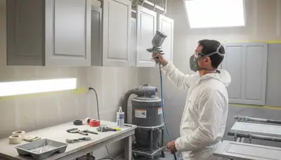 Professional cabinet painting process in Saint Charles MO using spray and brush for smooth kitchen finishes