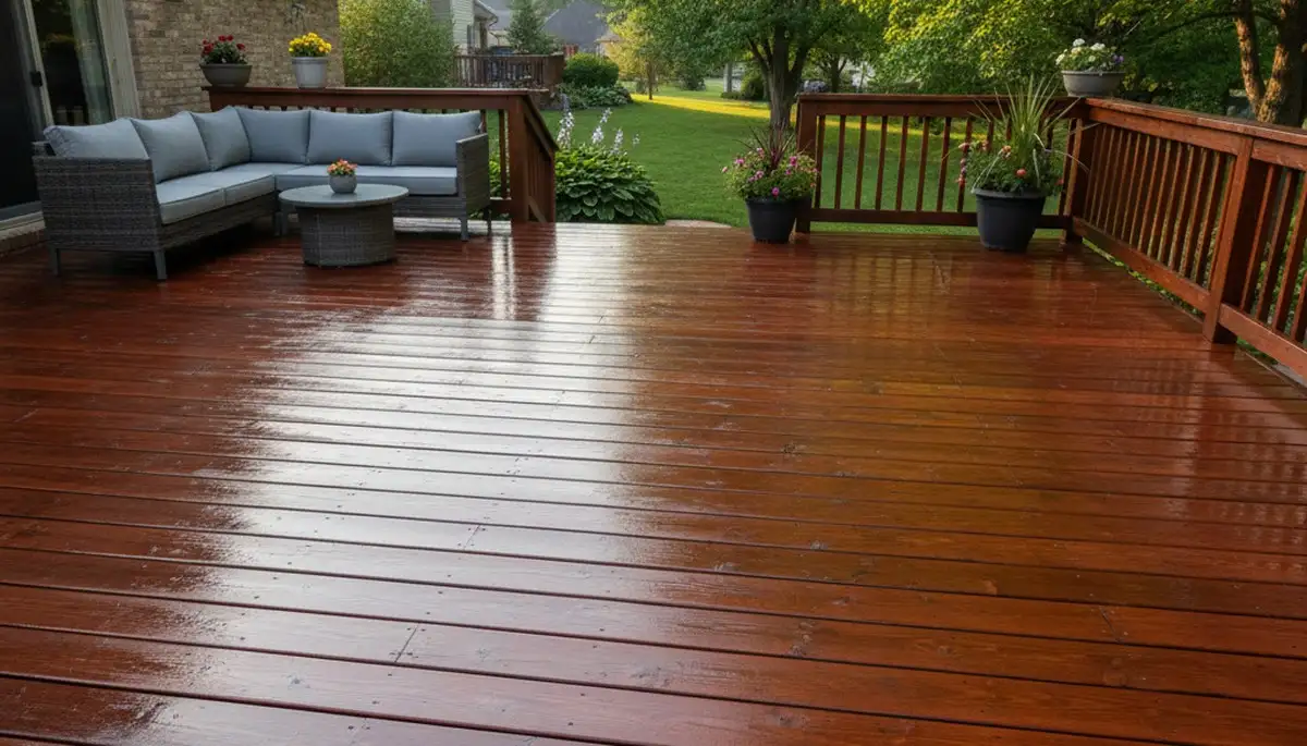 Finished deck staining by house painters in Saint Charles, MO showcasing rich wood color and weather protection