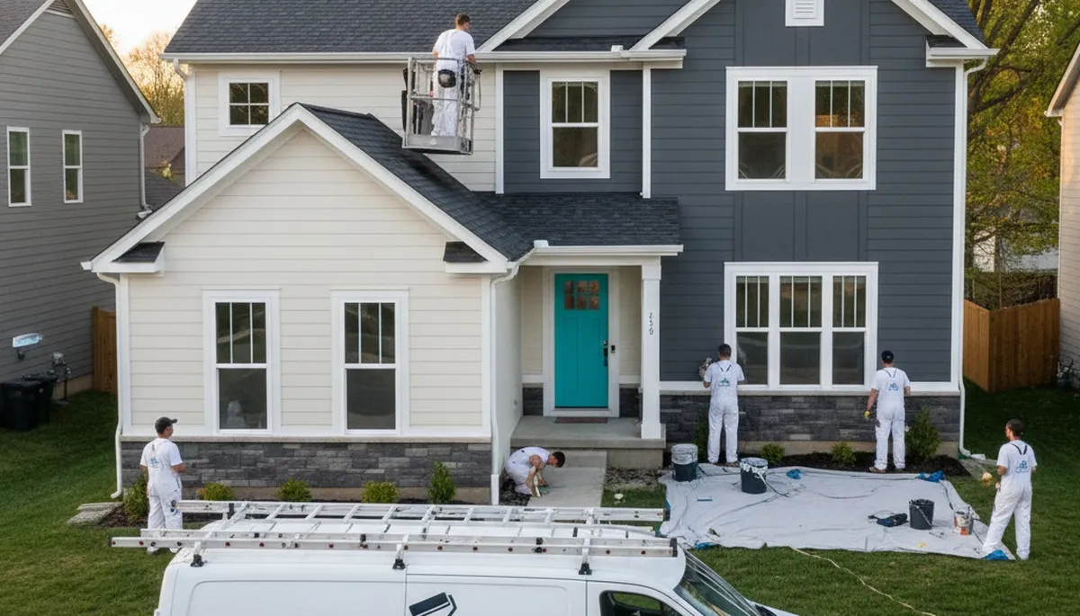 House painters in Saint Charles, MO painting a home exterior with professional brush and roller work