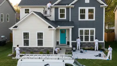 House painters in Saint Charles, MO painting a home exterior with professional brush and roller work