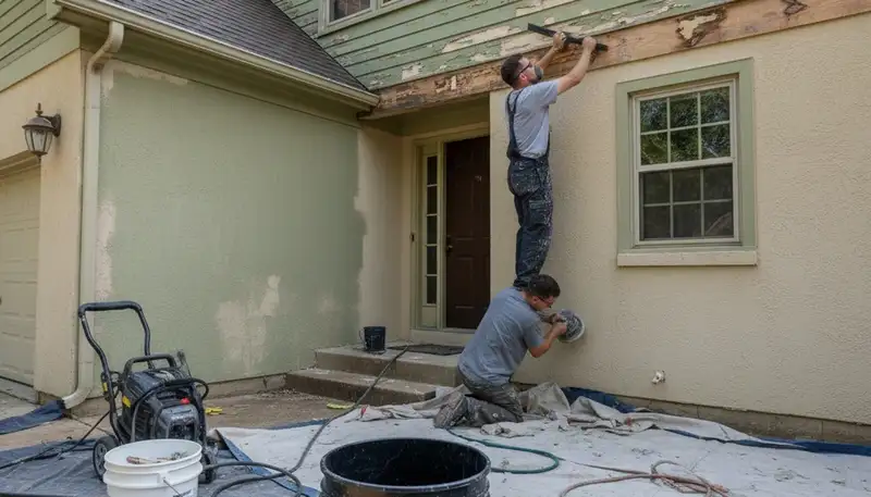 Professional exterior surface preparation by house painters in Saint Charles, MO before new paint application