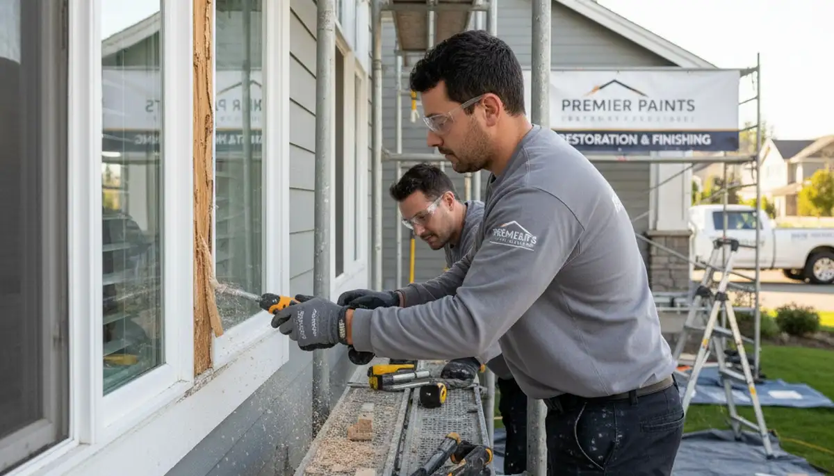 Professional wood rot repair on Missouri home exterior by Saint Charles house painters